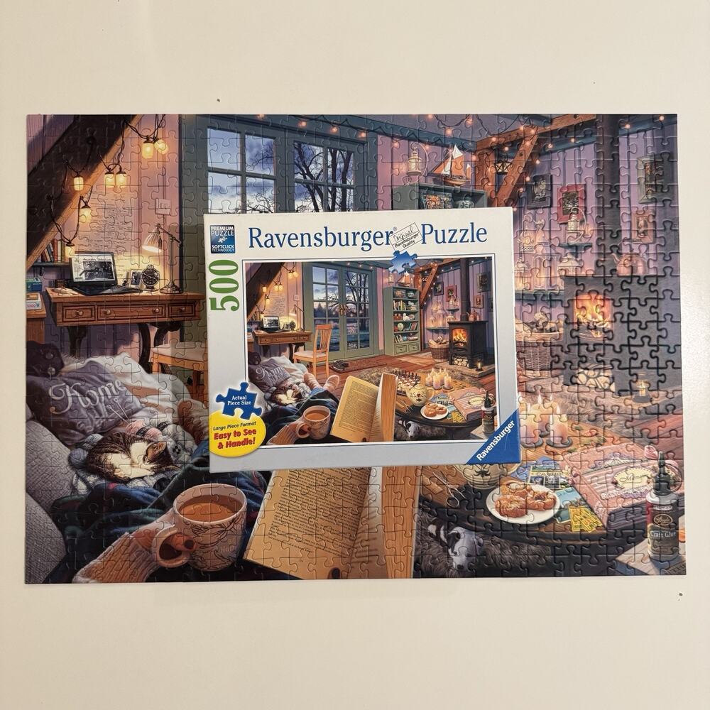 Ravensburger 500 Piece Puzzle COZY RETREAT large Pcs COMPLETE cat dog cabin